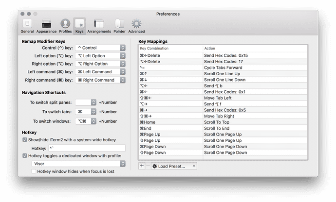 screenshot of all keybindings
