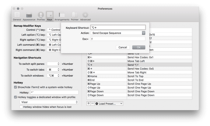 screenshot of option-right settings