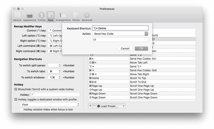 screenshot of option-delete settings